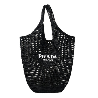 Prada Yarn Raffia Effect Crochet Logo Embroidered Shopping Tote Bag Black 1 of 8