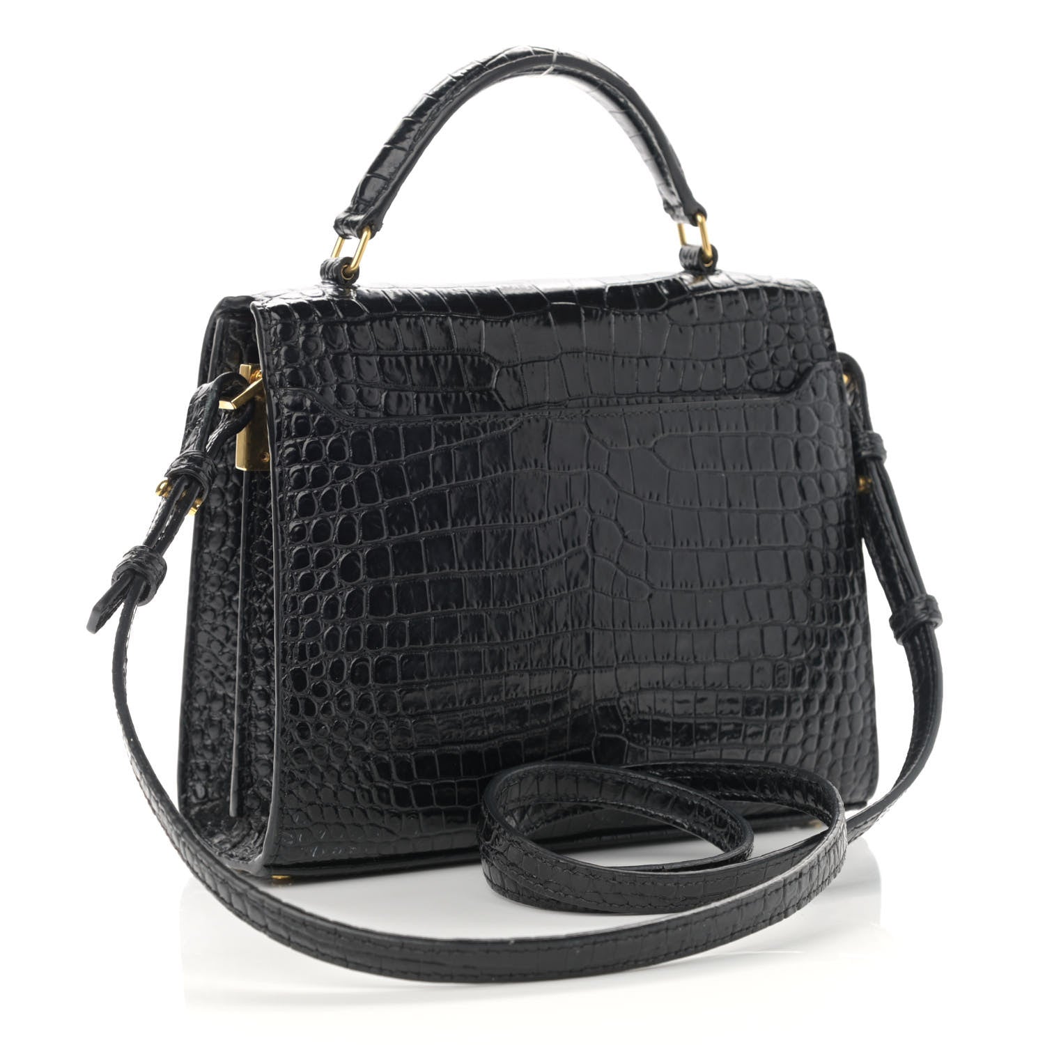 Saint Laurent Calfskin Crocodile Embossed Mini Classic Monogram Cassandra Top Handle Black 3 of 9