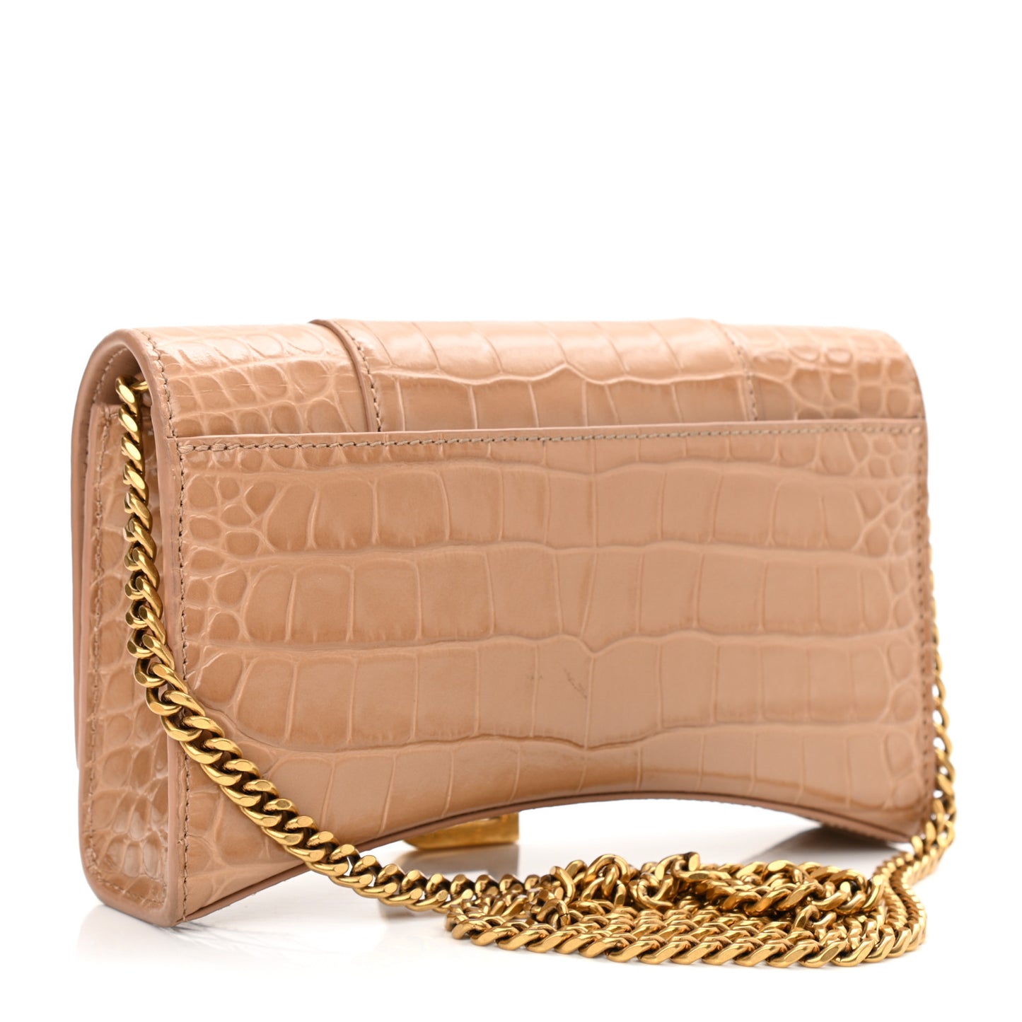 Shiny Calfskin Crocodile Embossed Hourglass Chain Bag Nude Beige