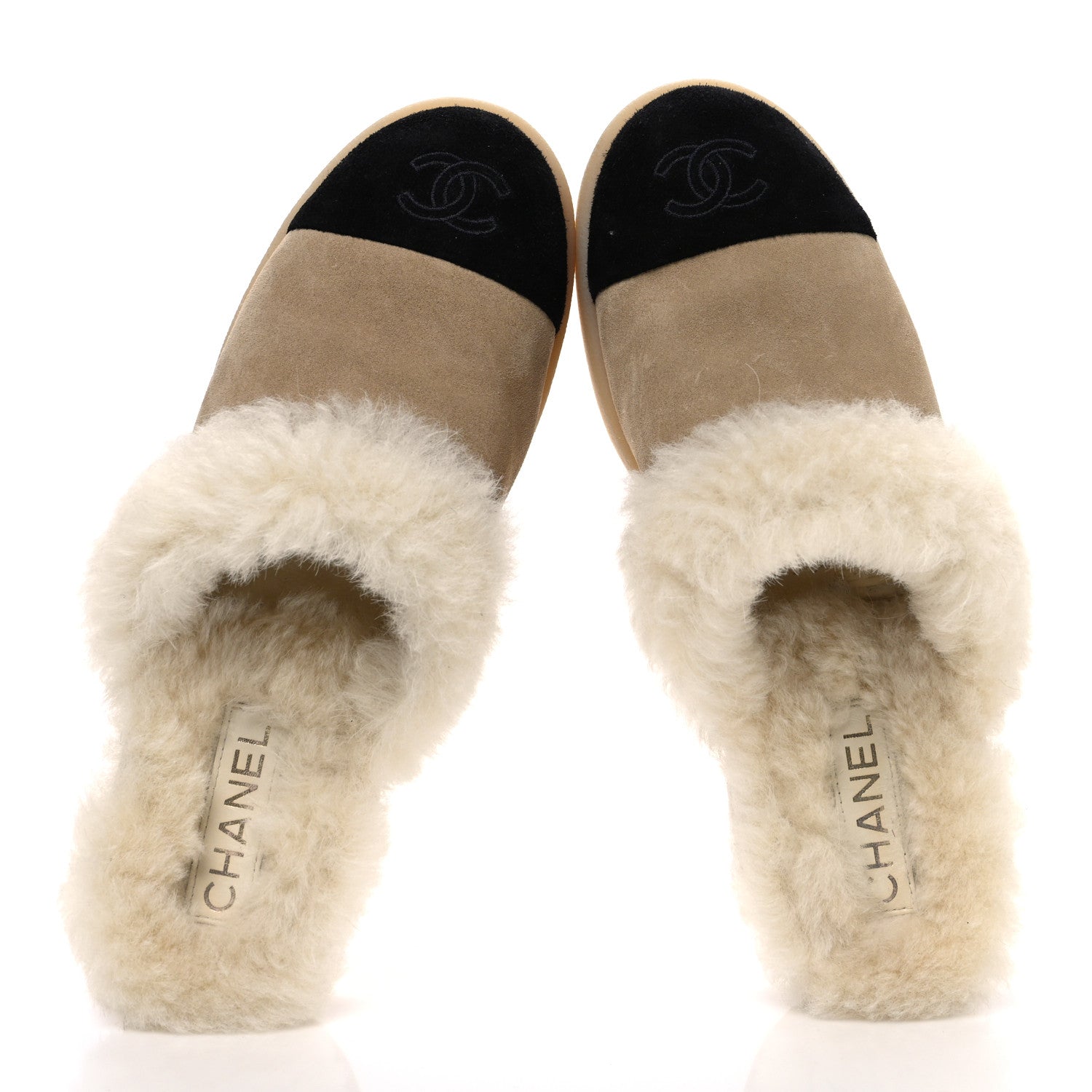 Chanel Suede Shearling CC Cap Toe Mules 41 Beige Black 2 of 10