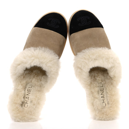 Chanel Suede Shearling CC Cap Toe Mules 41 Beige Black 2 of 10