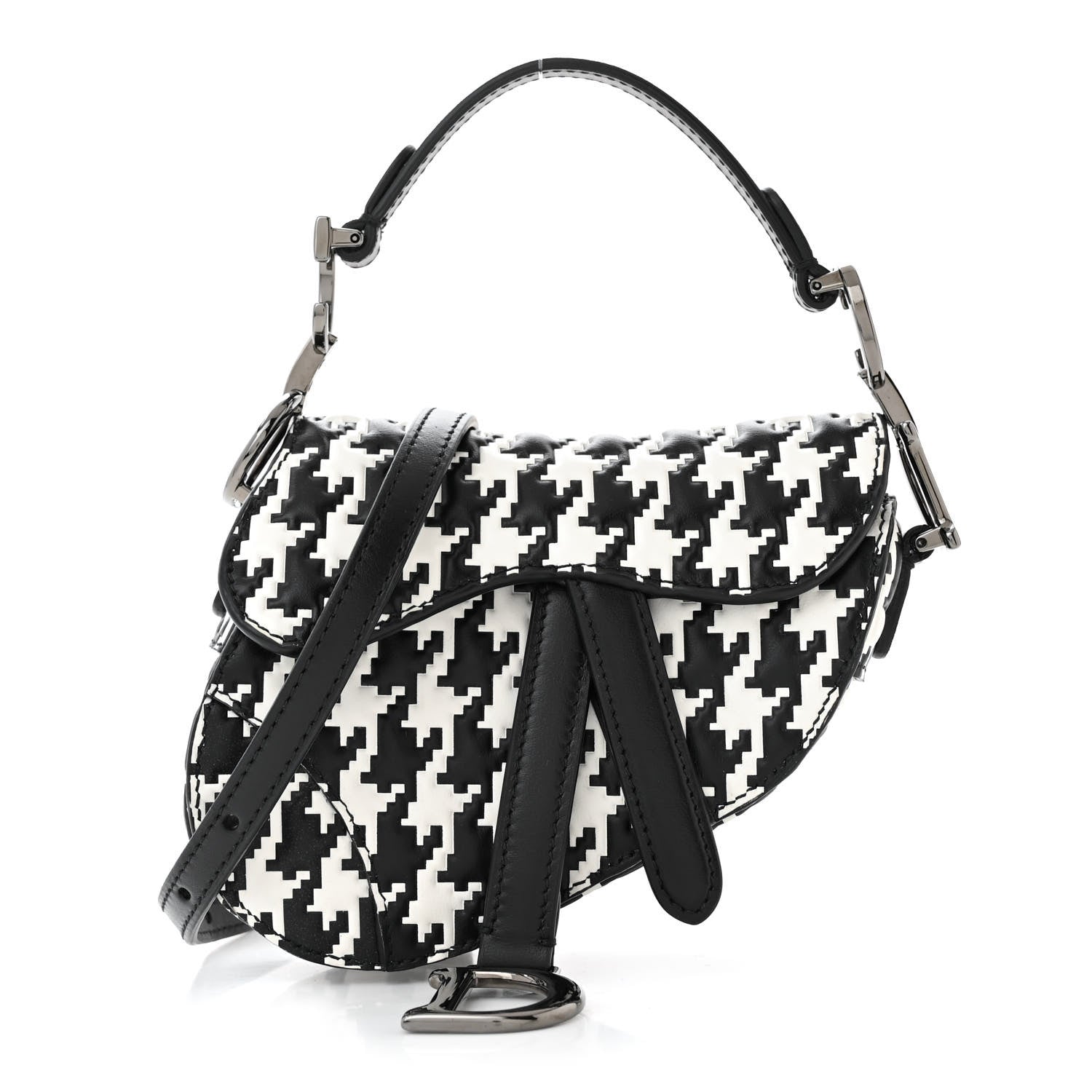 Christian Dior Calfskin Macro Houndstooth Embossed Micro Saddle Bag Black White 1 of 9