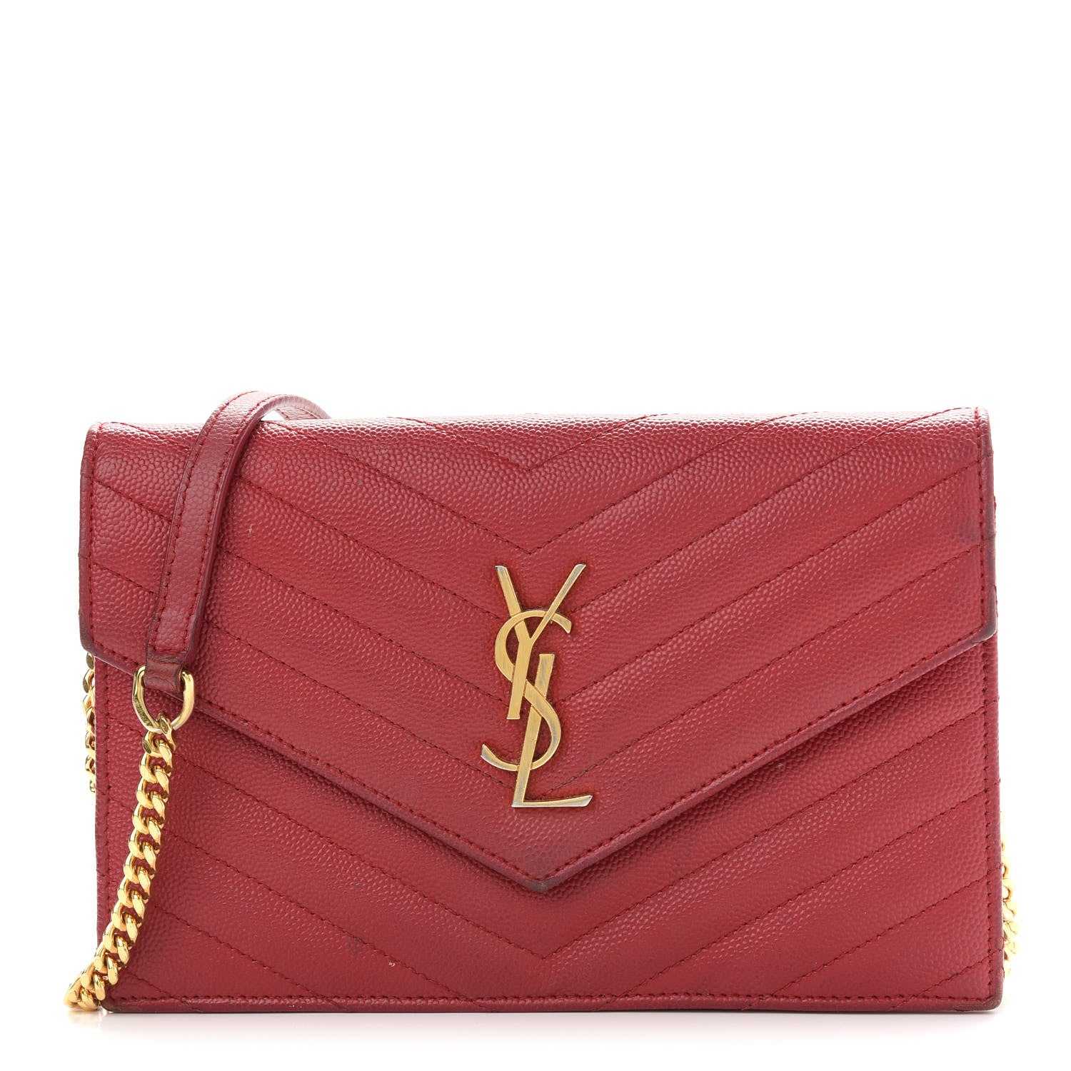 Saint Laurent Grain De Poudre Matelasse Chevron Monogram Envelope Chain Wallet New Red 1 of 19