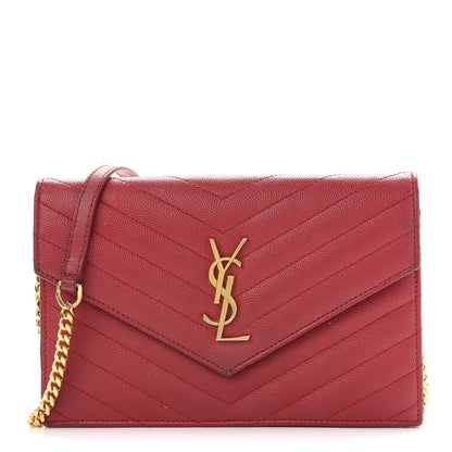 Saint Laurent Grain De Poudre Matelasse Chevron Monogram Envelope Chain Wallet New Red 1 of 19