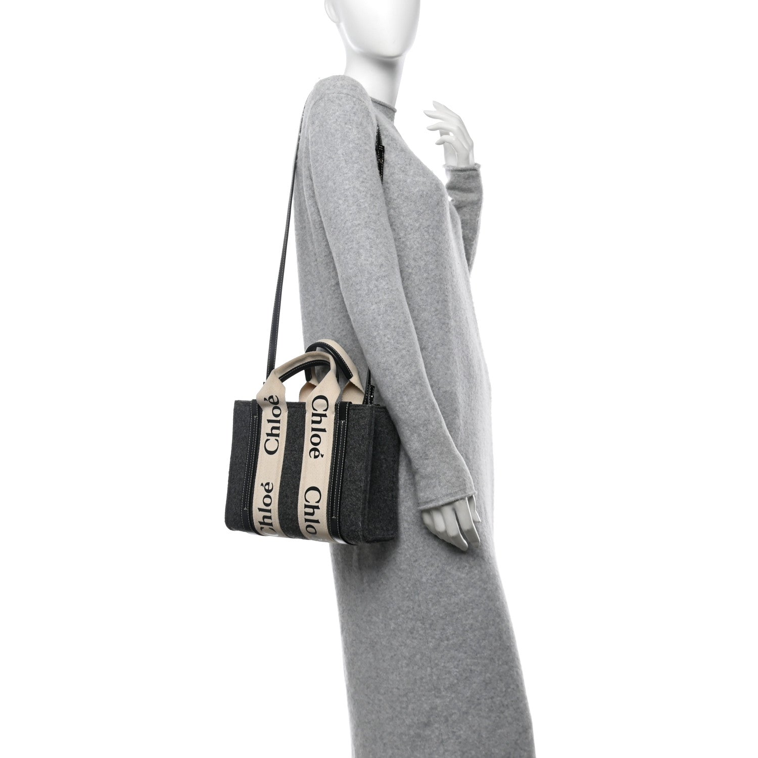 Chloe Felt Calfskin Small Woody Ribbon Tote With Strap Cashmere Grey 2 of 13
