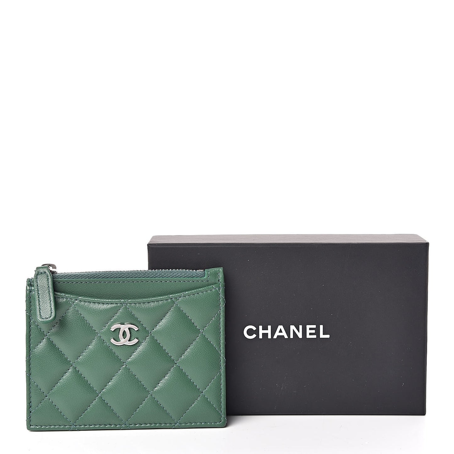 Lambskin Quilted Zip Card Holder Green