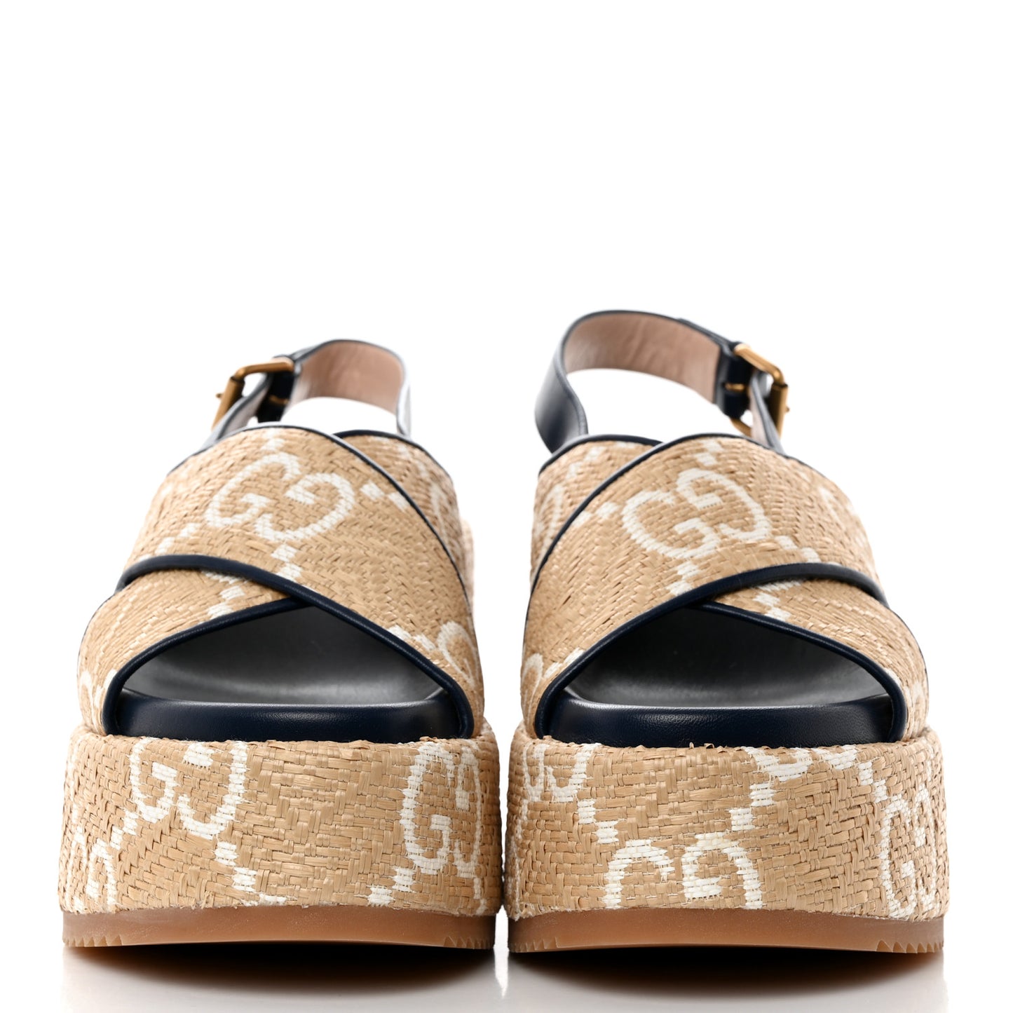 Raffia Nappa GG Monogram Angelina Platform Slingback Sandals 40 Natural Great White Blue Agata