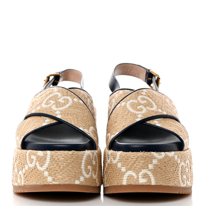 Gucci Raffia Nappa GG Monogram Angelina Platform Slingback Sandals 40 Natural Great White Blue Agata 2 of 9