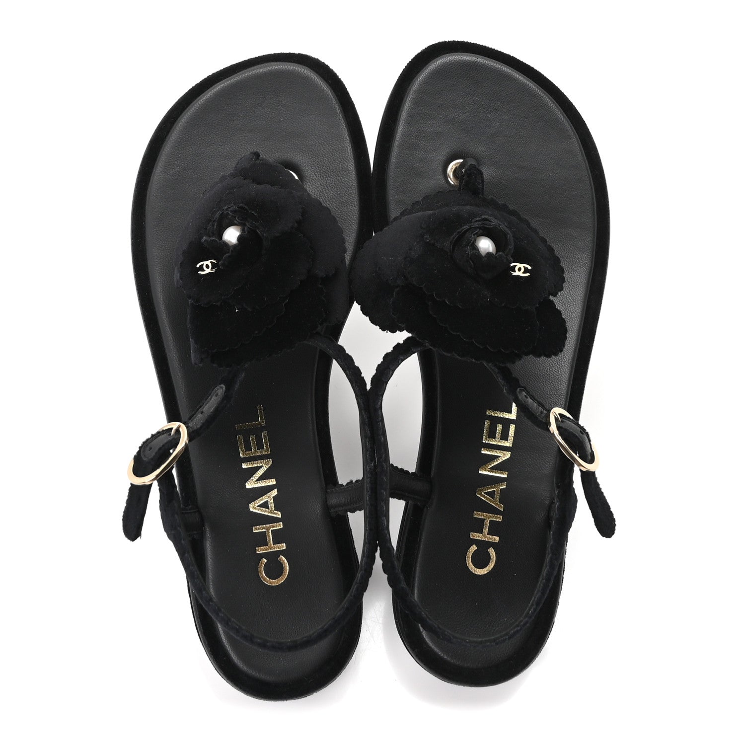 Chanel Velvet Pearl Camellia Thong Sandals 37.5 Black 2 of 10