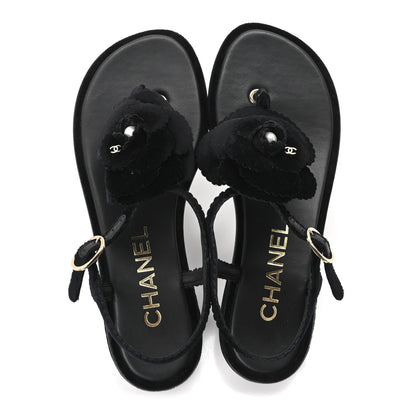 Chanel Velvet Pearl Camellia Thong Sandals 37.5 Black 2 of 10