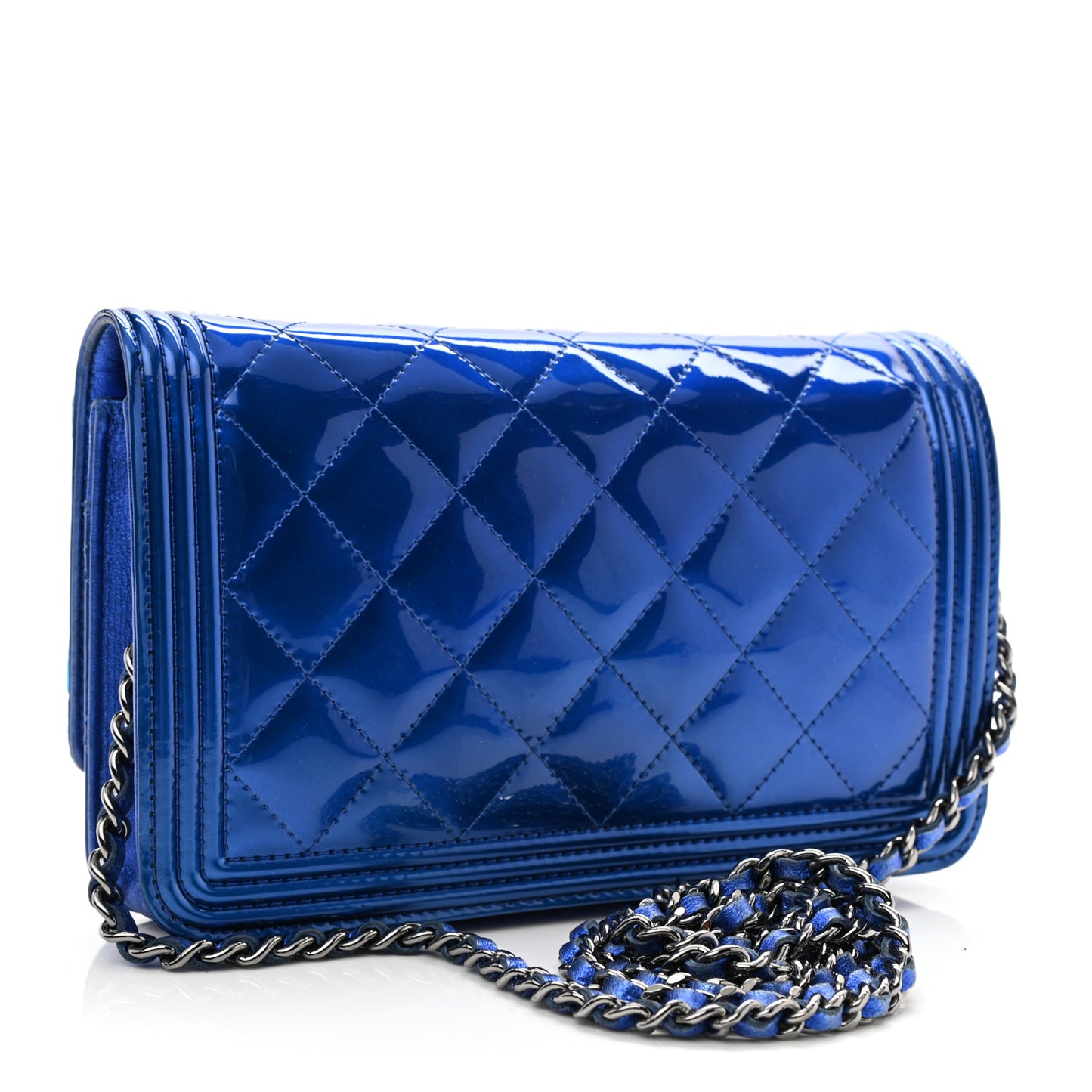Metallic Patent Calfskin Quilted Boy Wallet On Chain WOC Blue