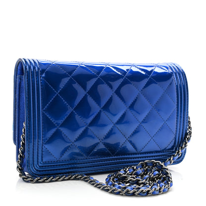 Chanel Metallic Patent Calfskin Quilted Boy Wallet On Chain WOC Blue 3 of 16