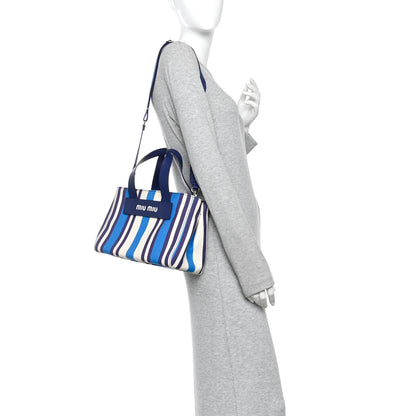 Miu Miu Canapa Vitello Striped Small Tote Turchese 2 of 10