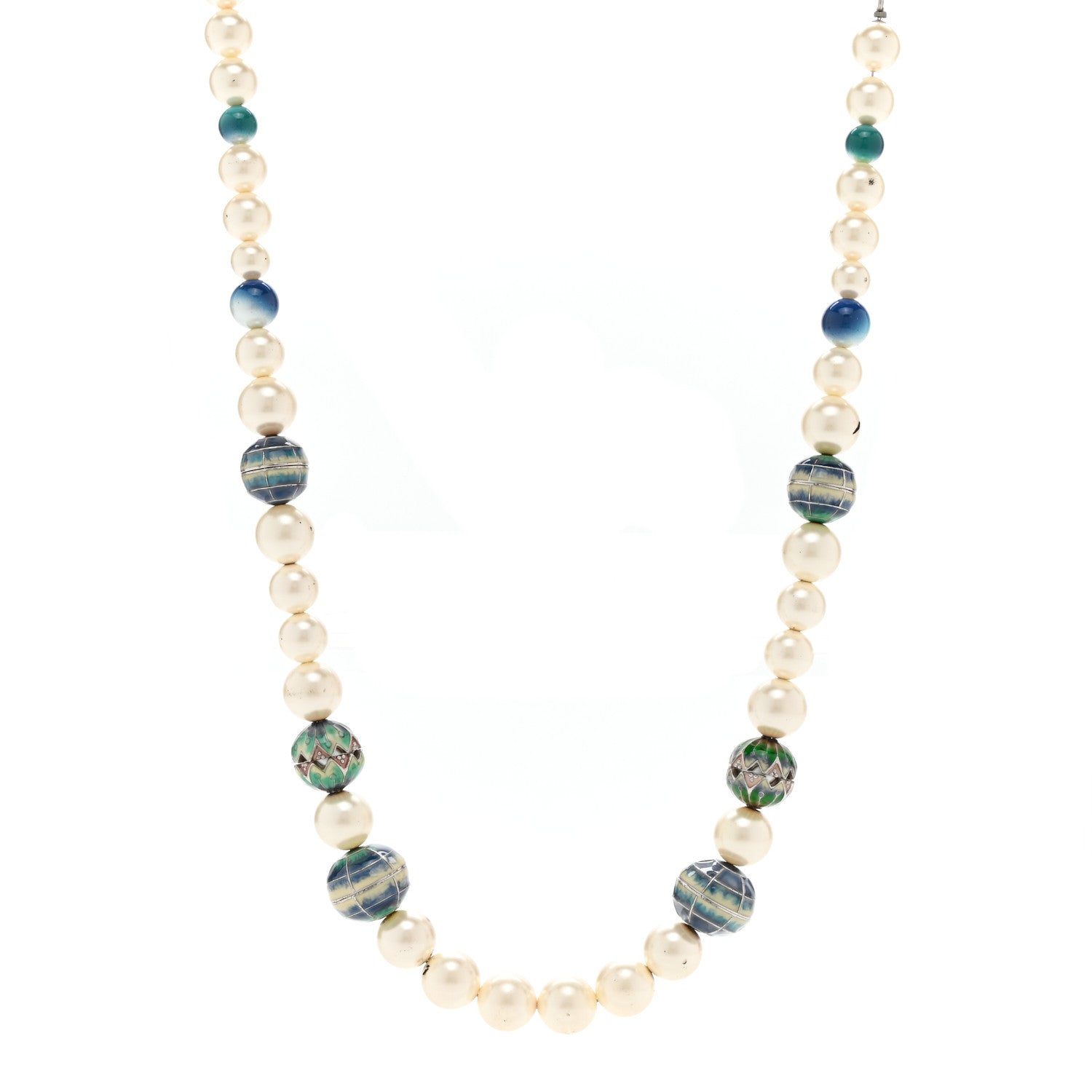 Chanel Graduated Pearl Enamel Bead CC Logo Long Necklace White Blue Multicolor 1 of 7