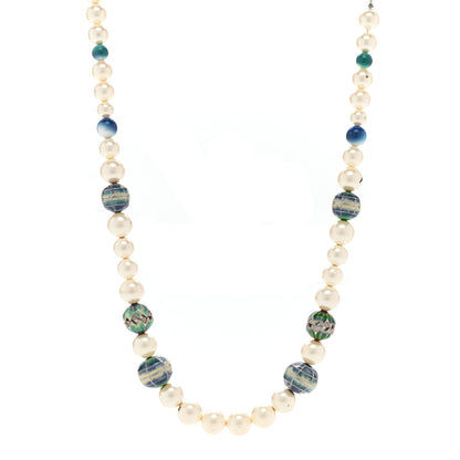 Chanel Graduated Pearl Enamel Bead CC Logo Long Necklace White Blue Multicolor 1 of 7