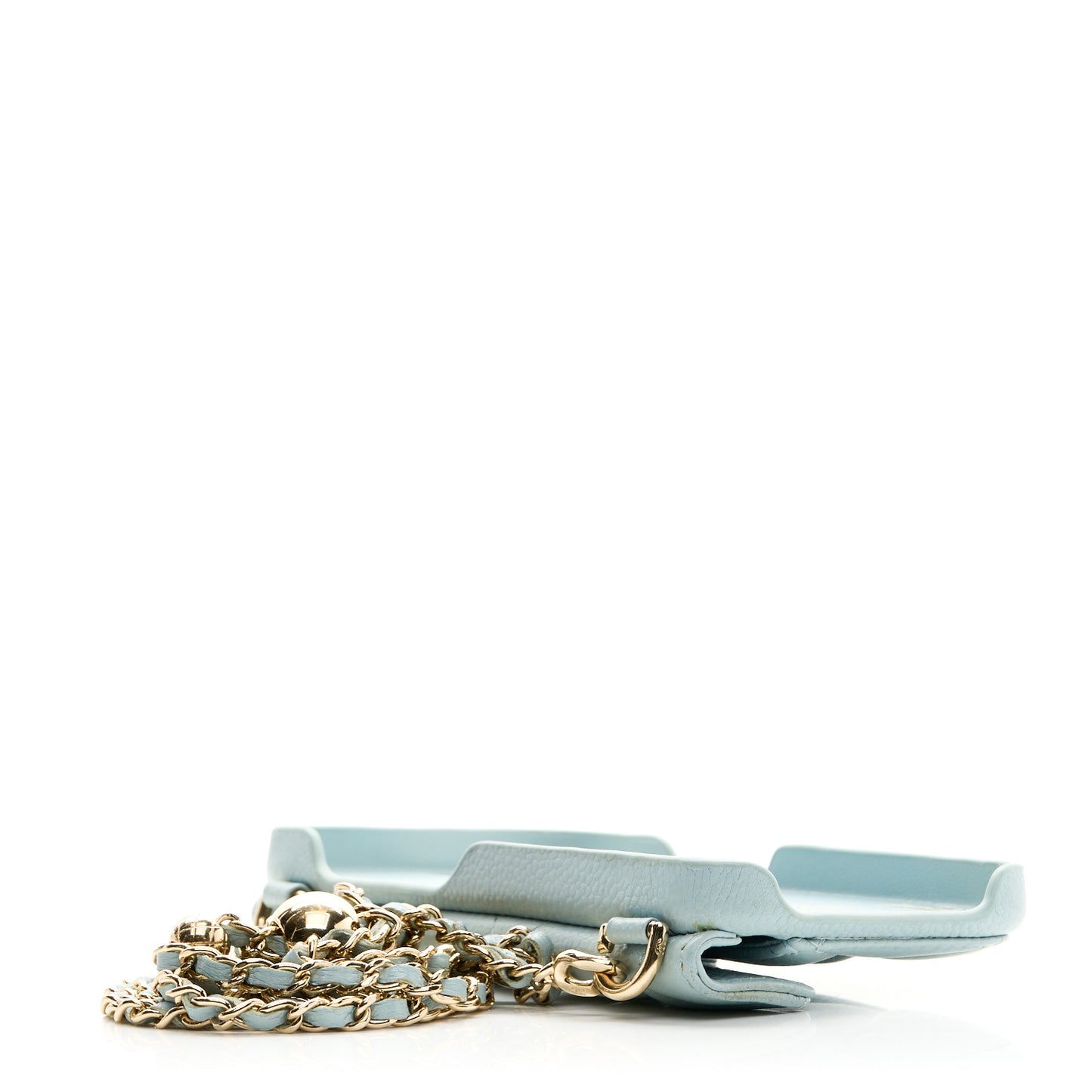 Caviar Quilted Pearl Crush iPhone 13 Pro Holder With Chain Light Blue