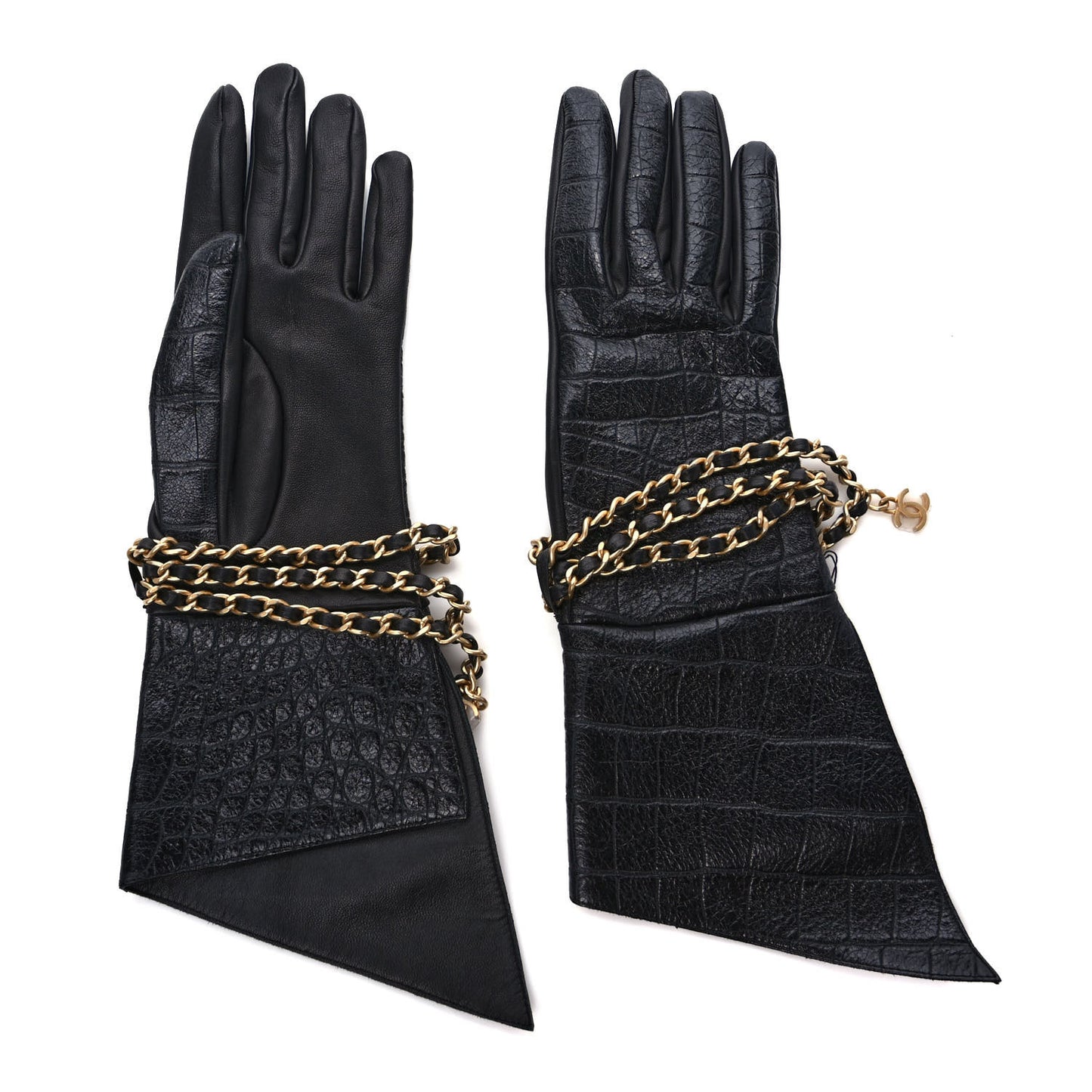 Lambskin Crocodile Embossed Chain Gloves 7.5 Black