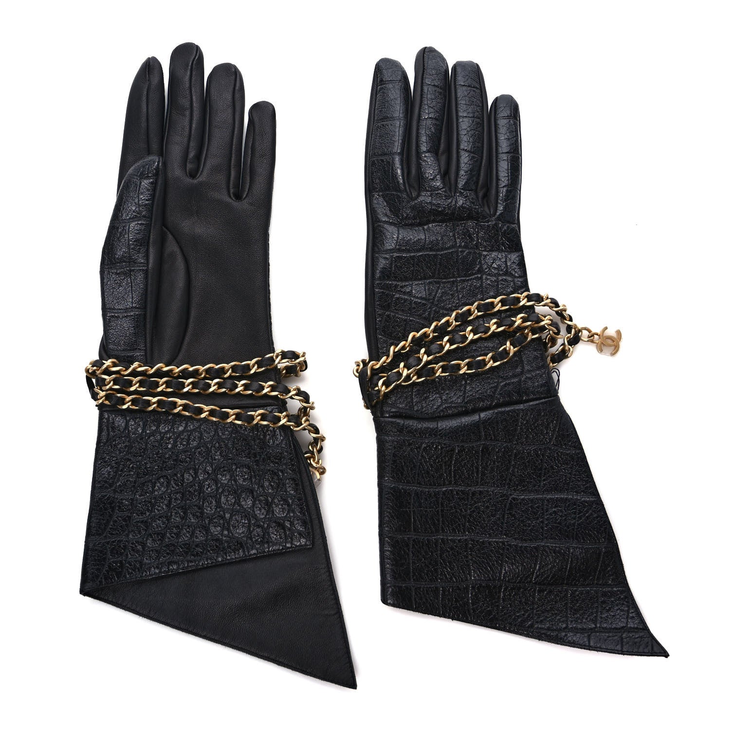 Chanel Lambskin Crocodile Embossed Chain Gloves 7.5 Black 2 of 5