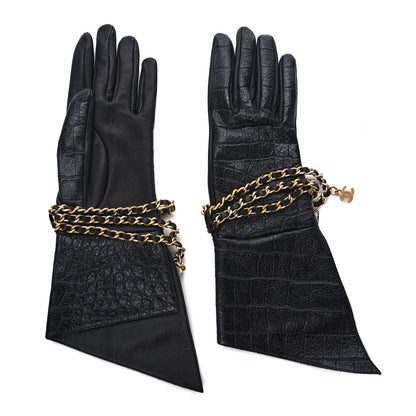 Chanel Lambskin Crocodile Embossed Chain Gloves 7.5 Black 2 of 5