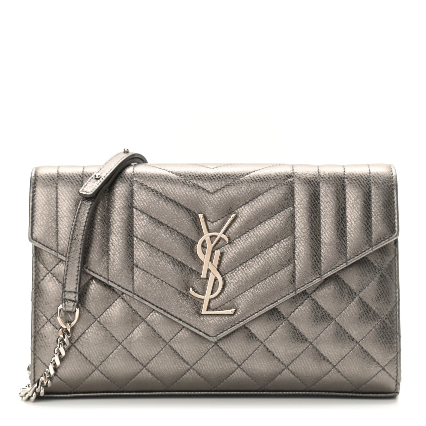 Metallic Calfskin Mixed Matelasse Triquilt Monogram Chain Wallet Piombo