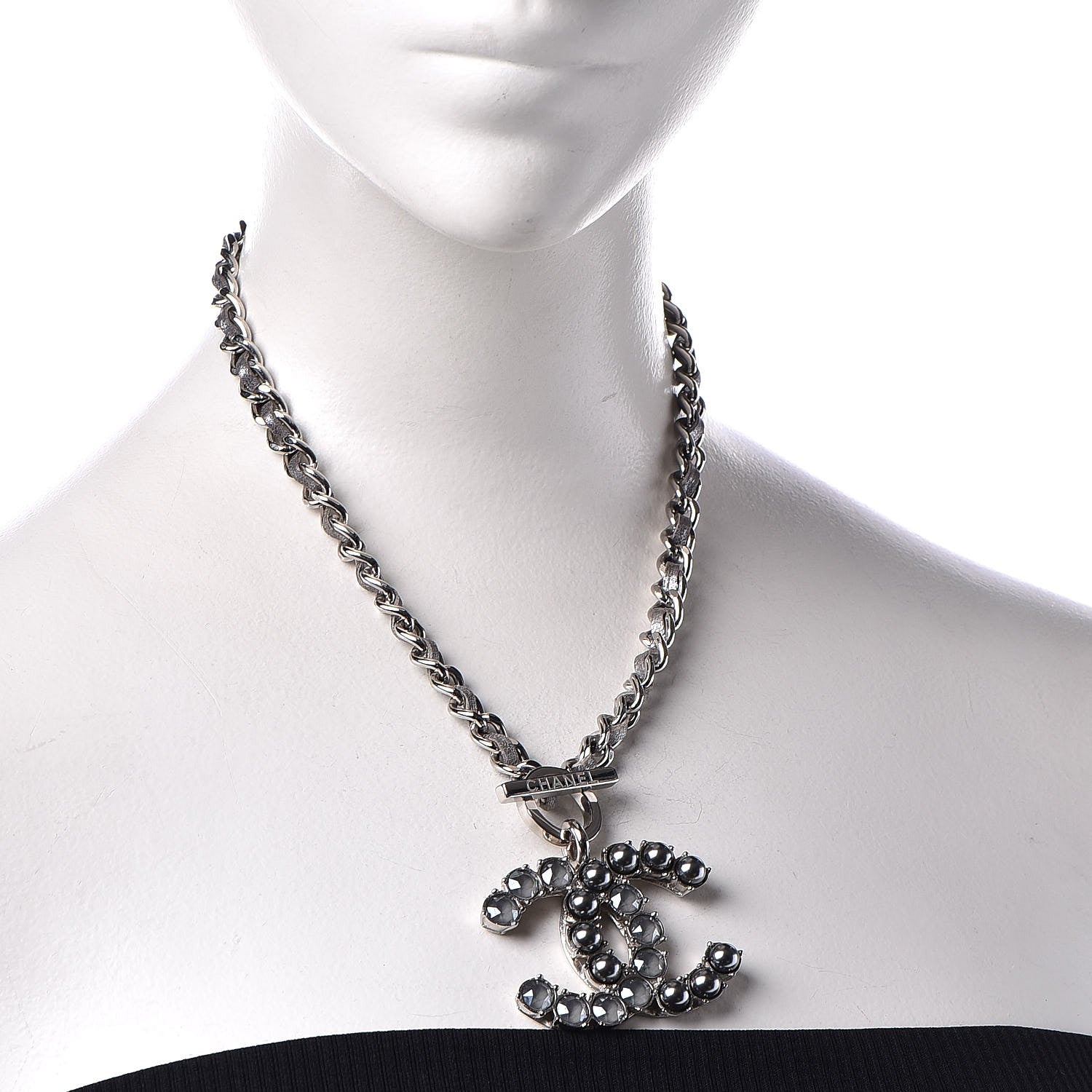 Chanel Metal Strass Calfskin Glass Pearls CC Short Necklace Black Dark Grey 2 of 6