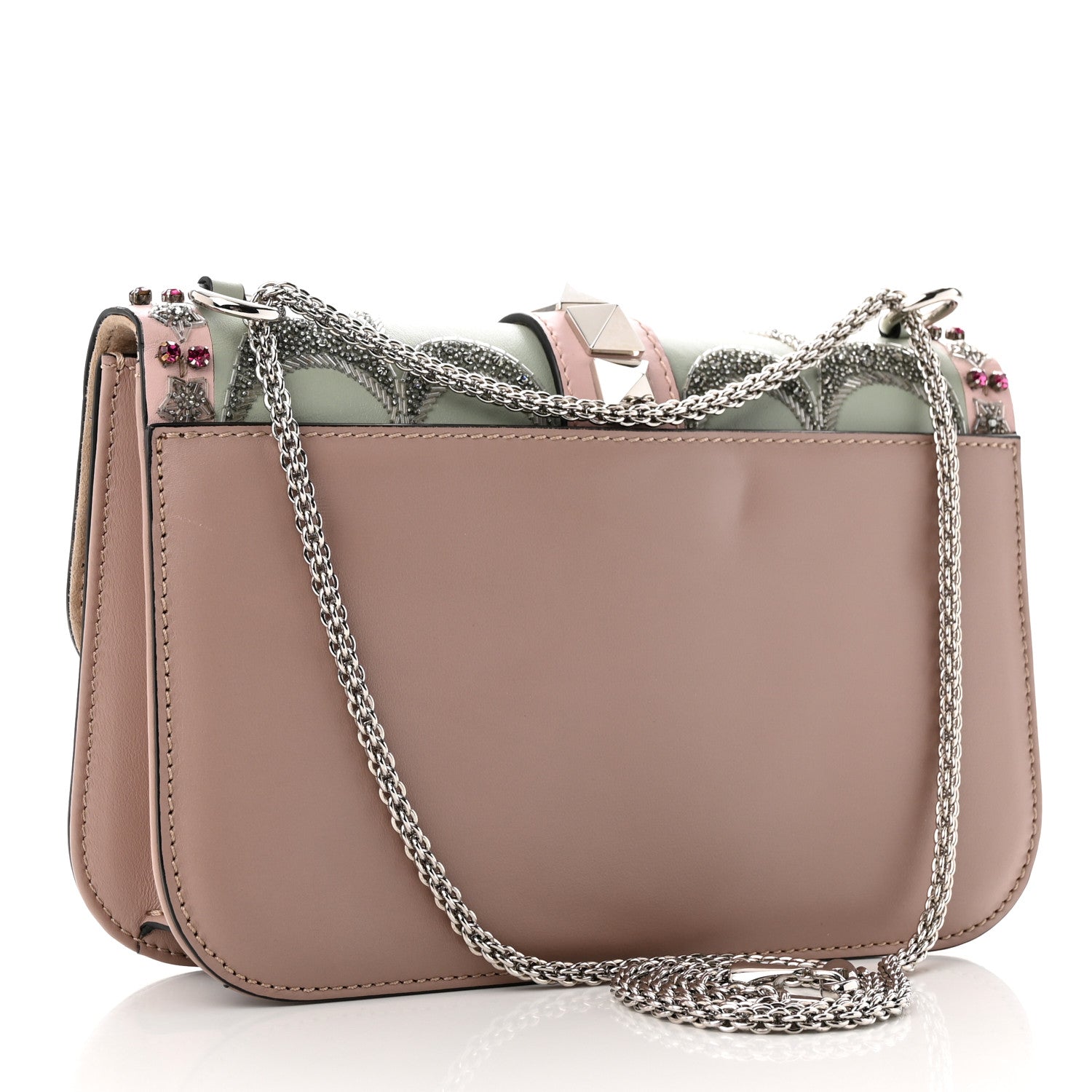 Valentino Garavani Vitello Crystal Embellished Medium Glam Lock Rockstud Flap Poudre 2 of 9