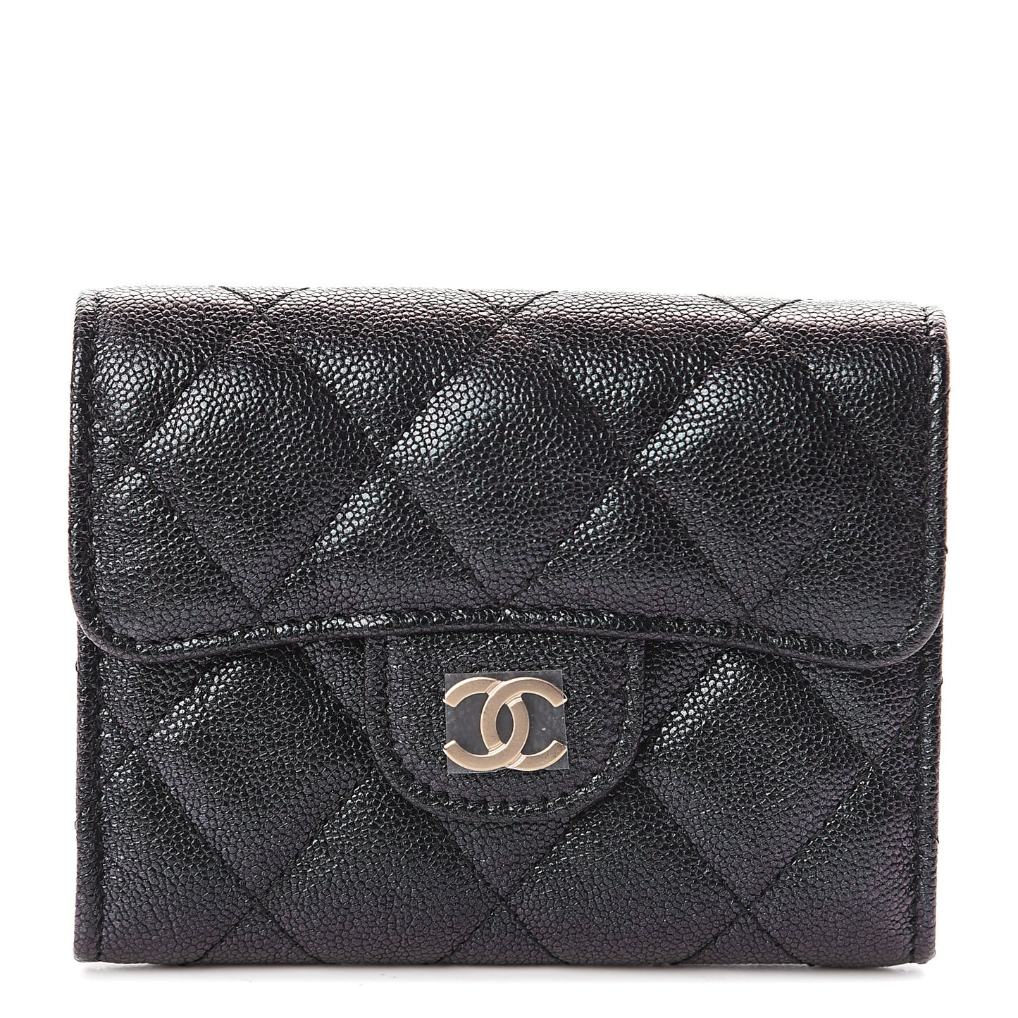 Iridescent Caviar Quilted Flap Card Holder Wallet Black