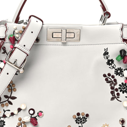 Fendi Vitello Seta Shiny Nappa Pearl Scalloped Studded Floral Embroidered Medium Peekaboo Iconic Satchel Grigio Perla Multicolor 7 of 9