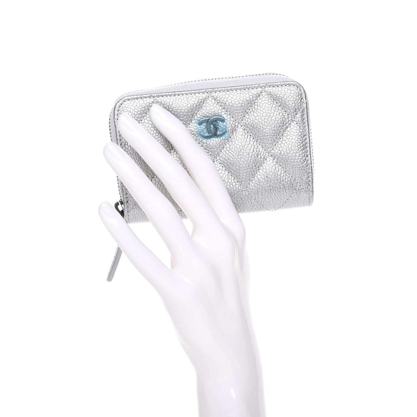 Metallic Caviar Quilted Zip Coin Purse Silver