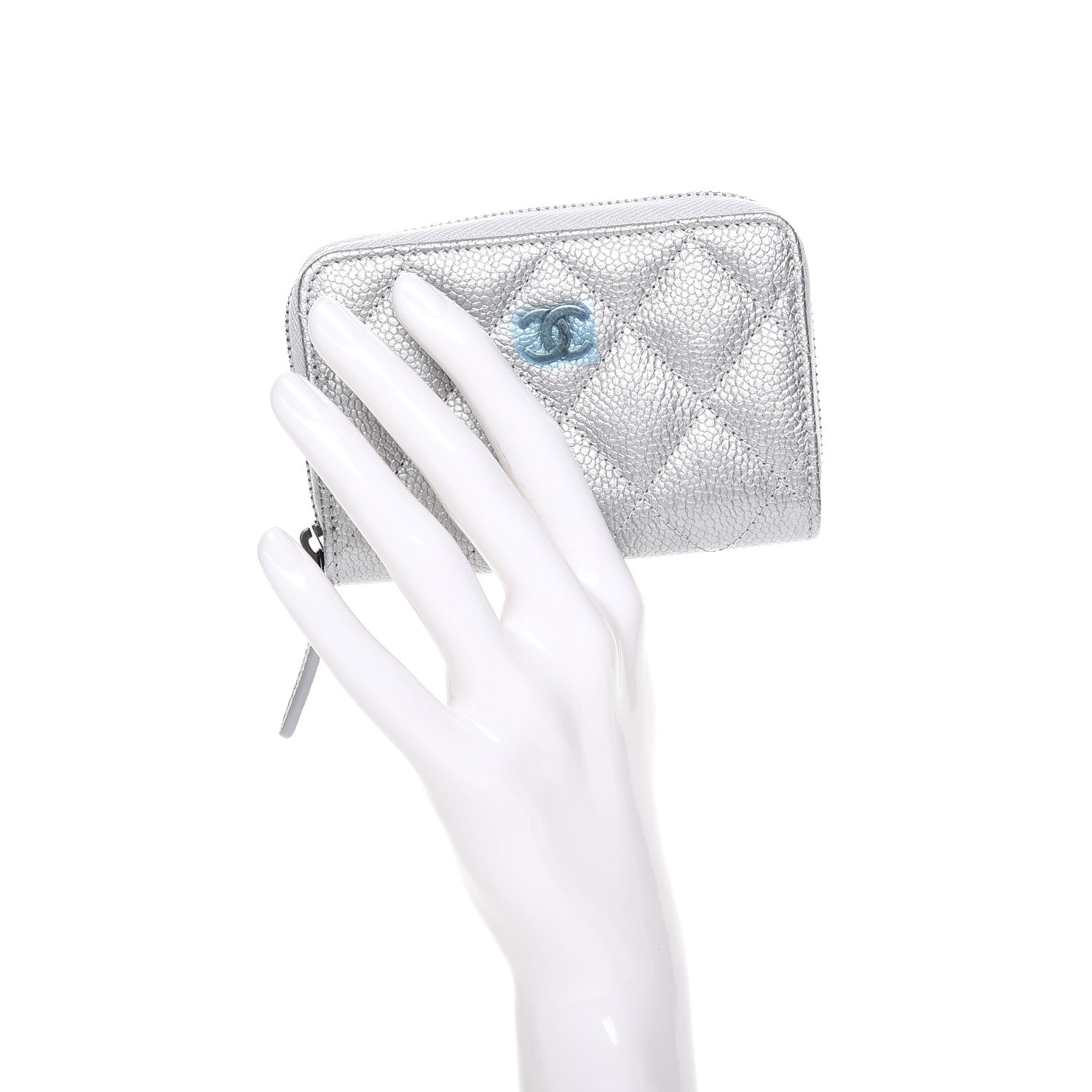 Chanel Metallic Caviar Quilted Zip Coin Purse Silver 2 of 8