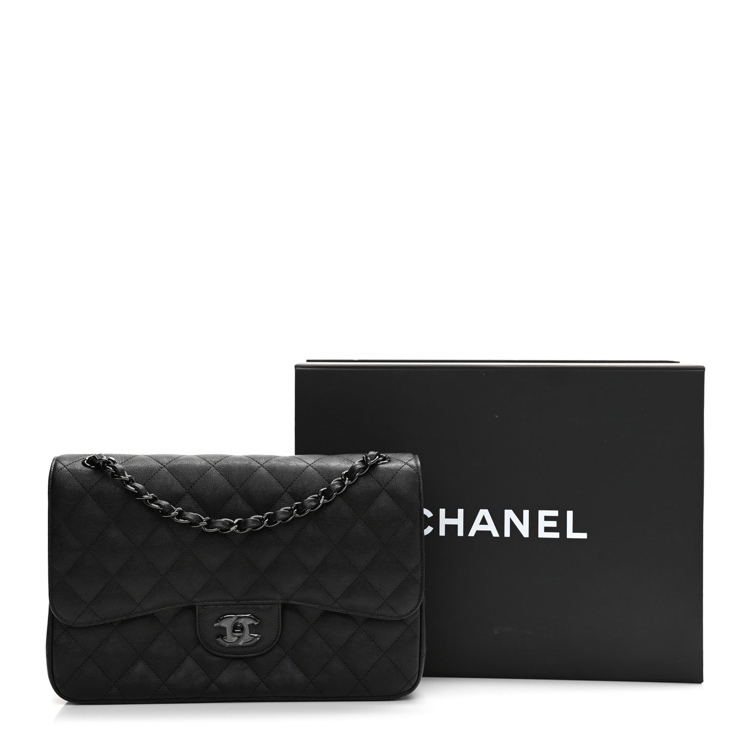 Crumpled Calfskin Quilted Jumbo Double Flap So Black