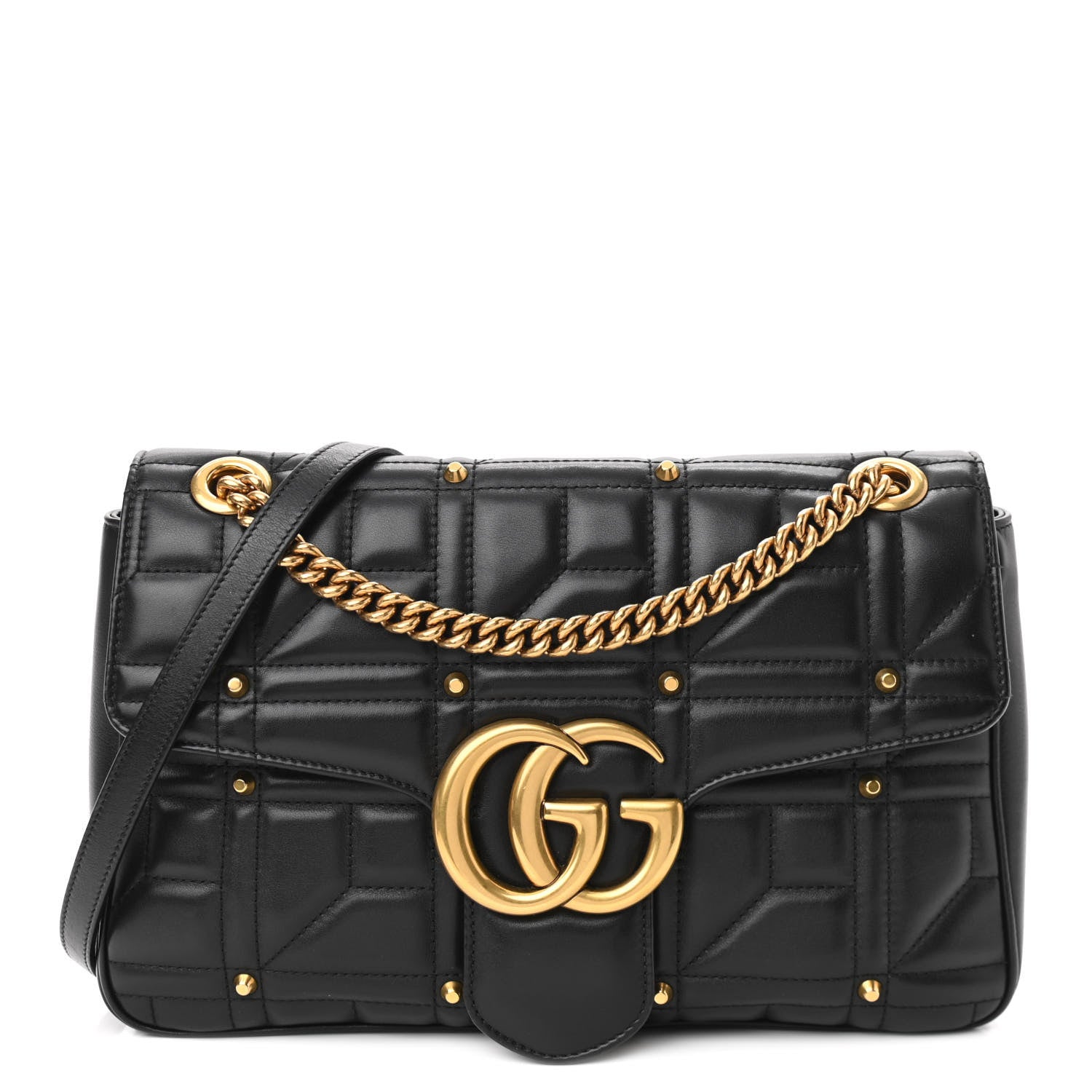 Gucci Calfskin Matelasse Studded Medium GG Marmont Shoulder Bag Black 1 of 11