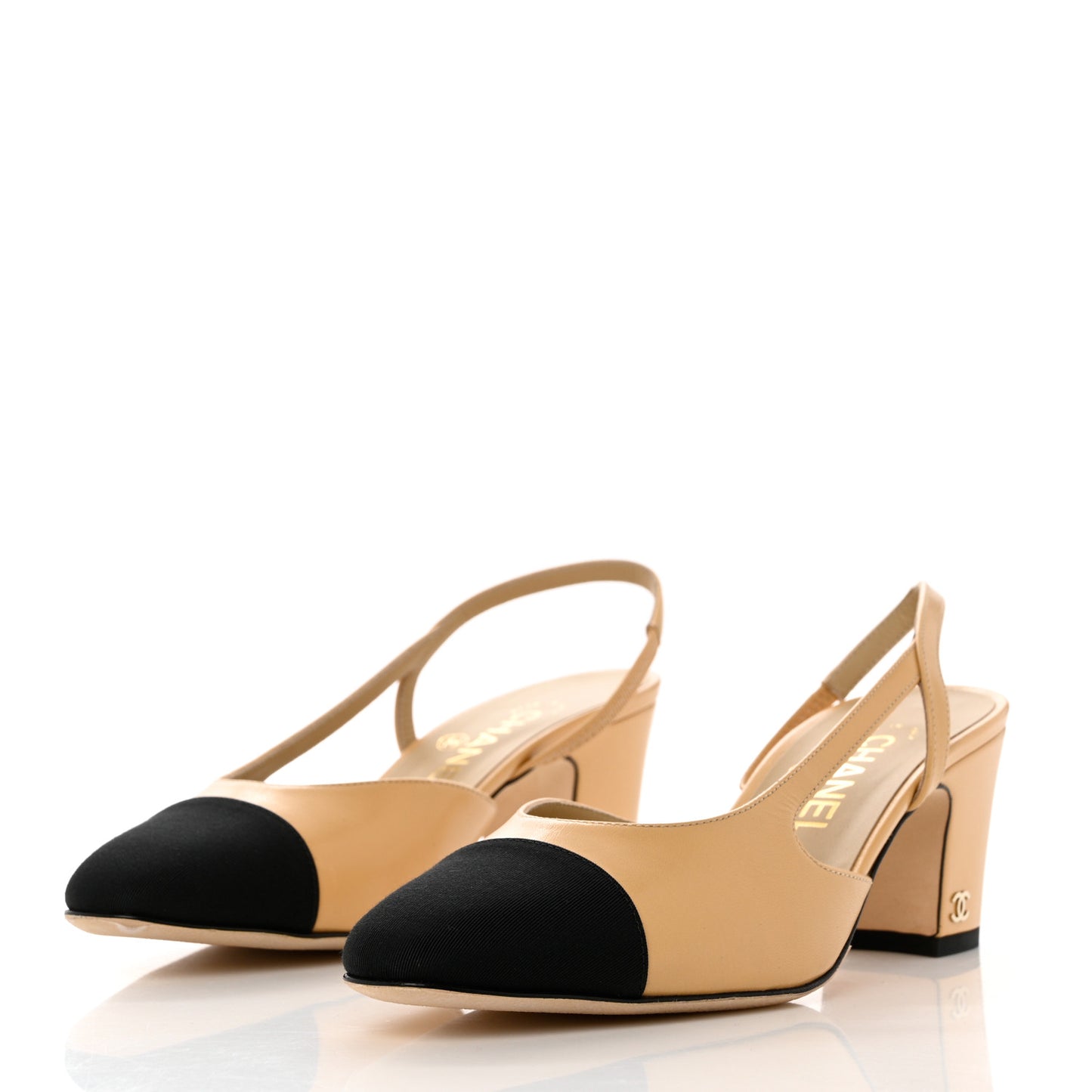 Goatskin Grosgrain Cap Toe CC Slingback Pumps 38 Beige Black