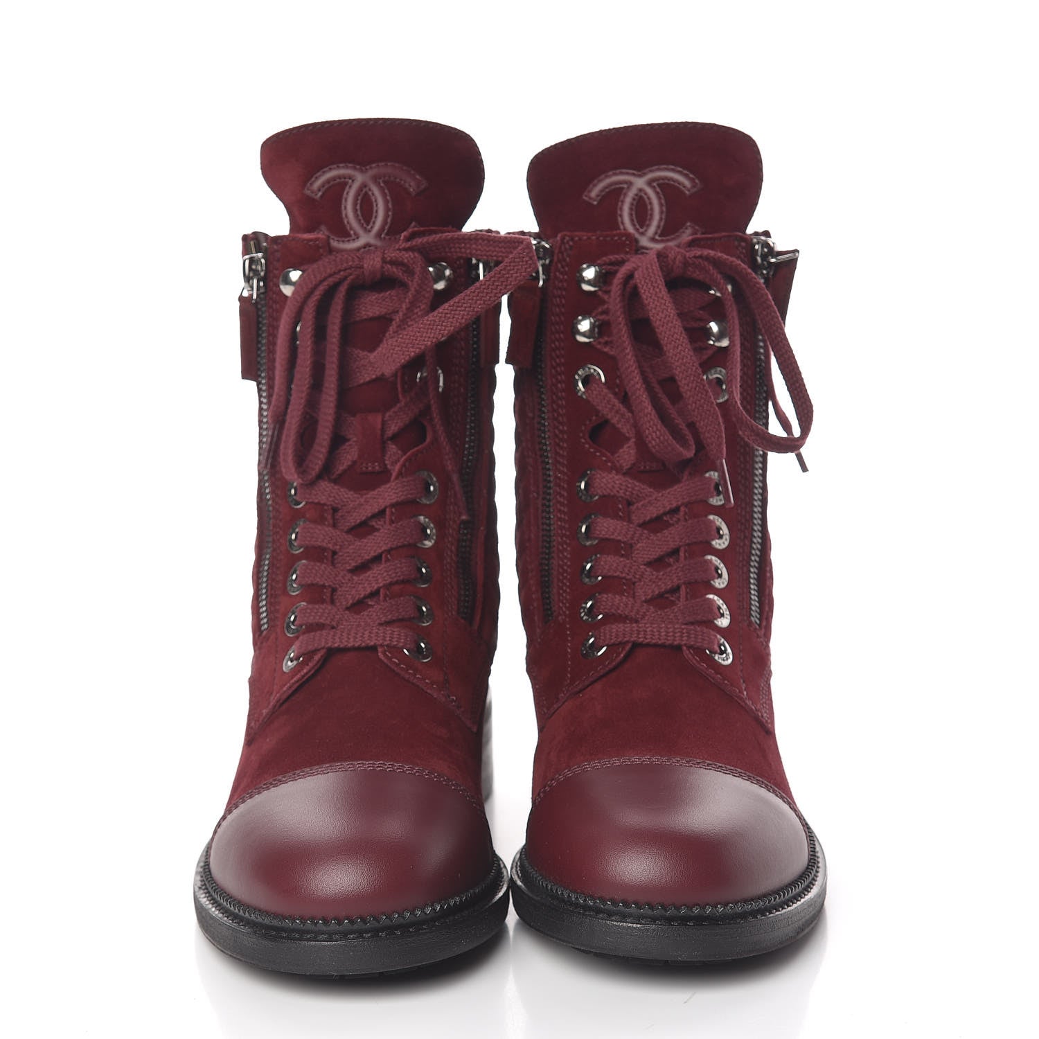 Chanel Suede Calfskin Quilted Lace Up Boots 39 Burgundy 2 of 9