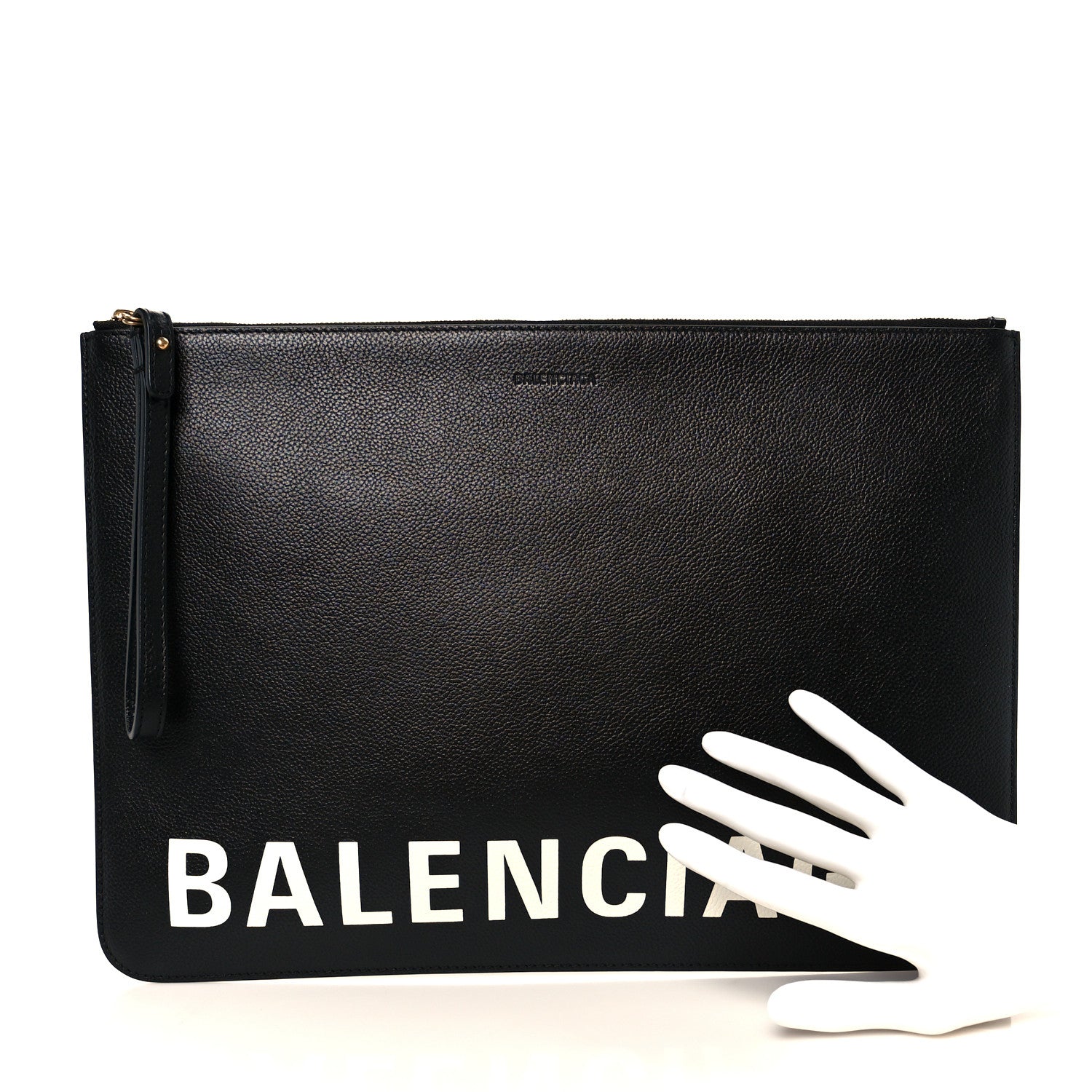 Balenciaga Calfskin Logo Large Cash Pouch With Handle Black White
