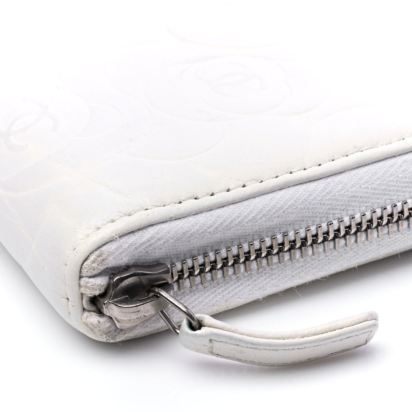Lambskin Camellia Embossed Zip Around Organizer Wallet Off White