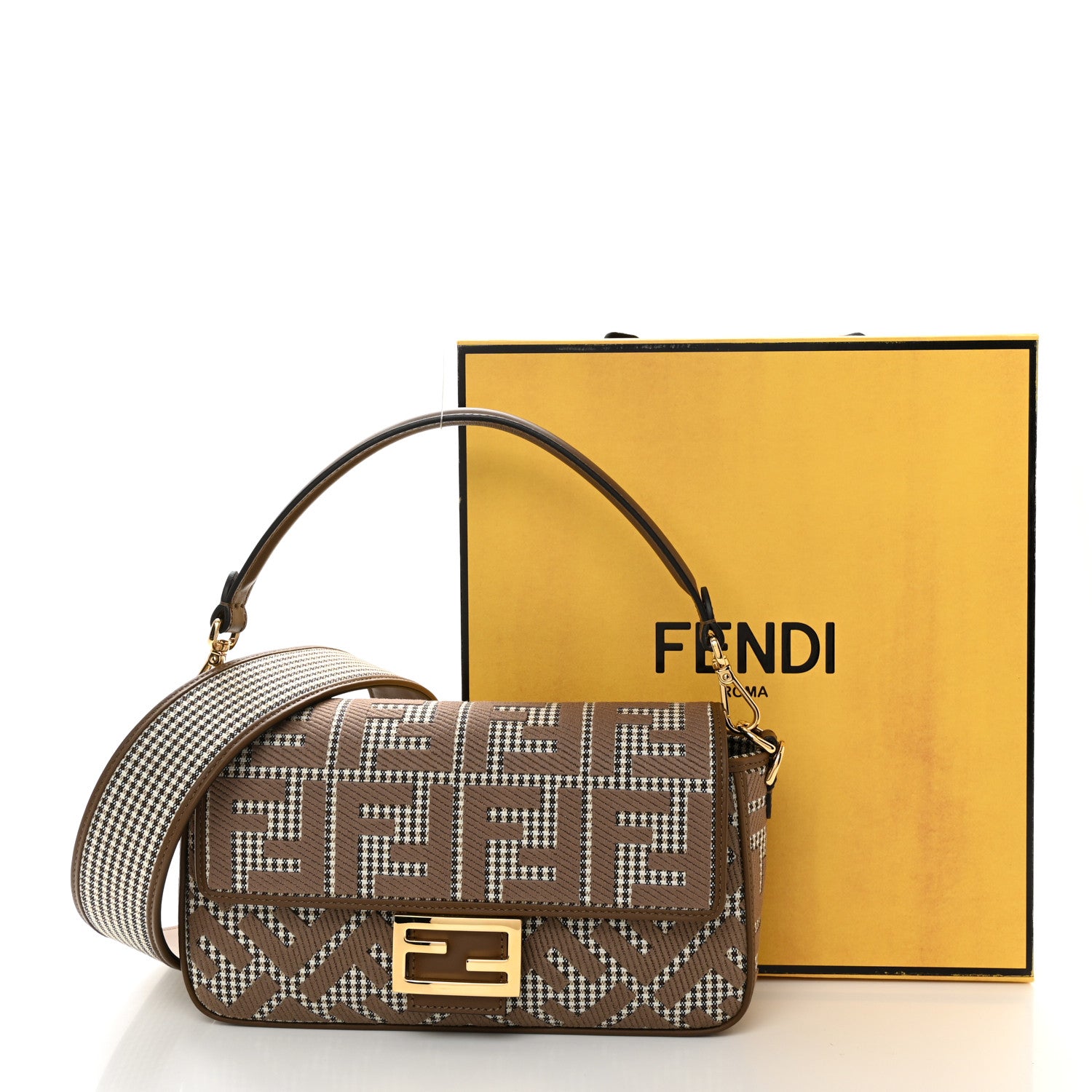 Fendi Wool Vitello King Houndstooth FF Embroidered Baguette Beige Moro 11 of 11