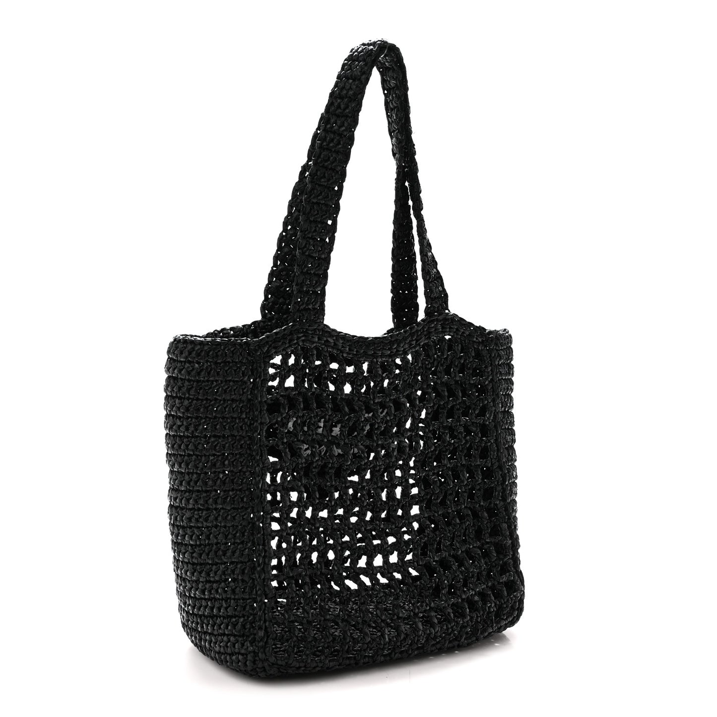 Yarn Raffia Effect Crochet Logo Embroidered Small Tote Bag Black