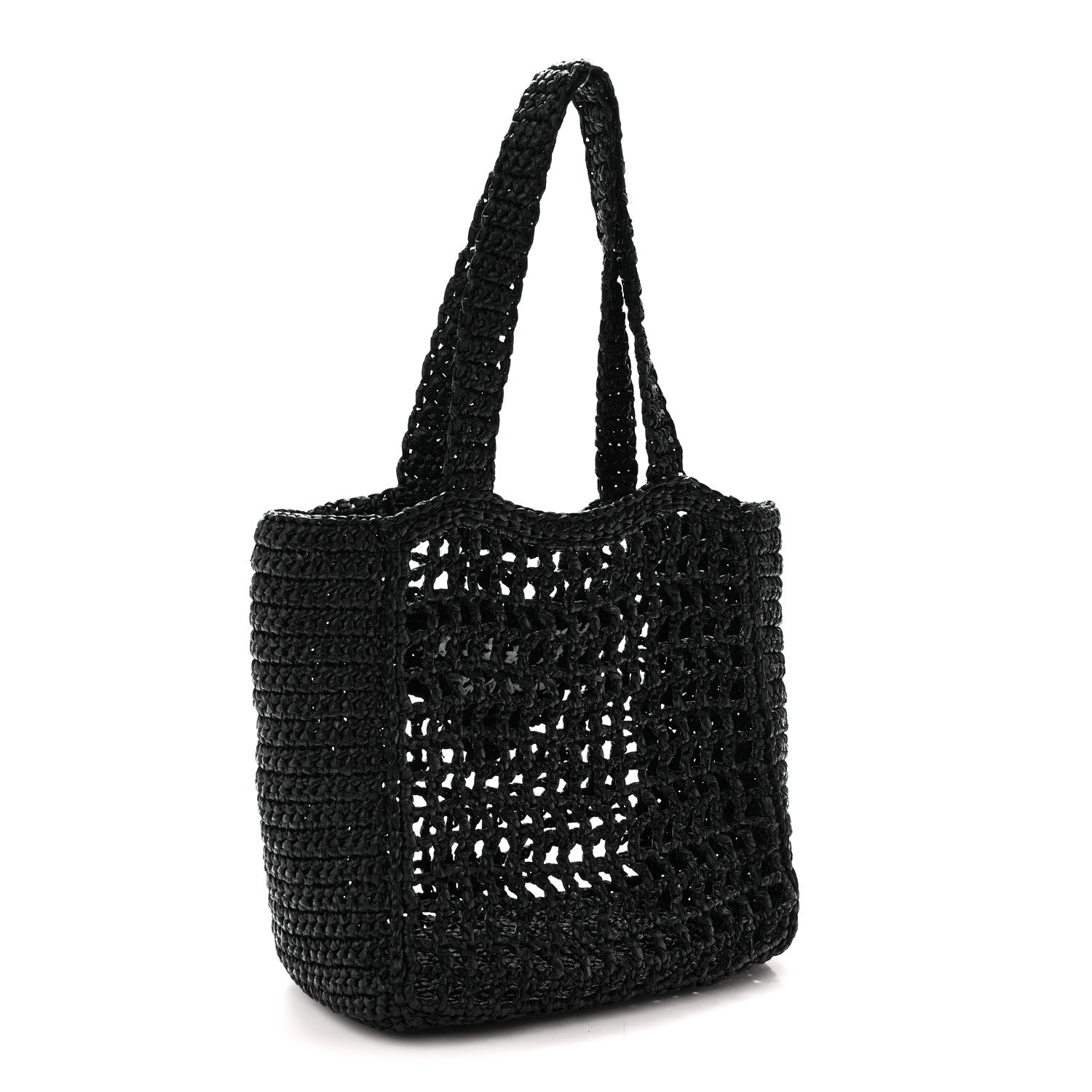 Prada Yarn Raffia Effect Crochet Logo Embroidered Small Tote Bag Black 3 of 9