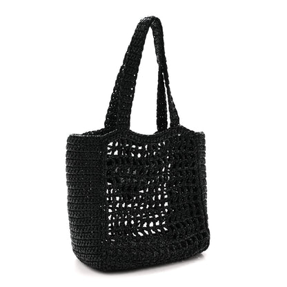 Prada Yarn Raffia Effect Crochet Logo Embroidered Small Tote Bag Black 3 of 9