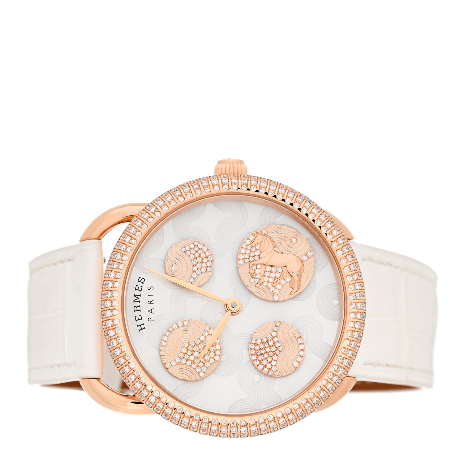 Hermes 18K Rose Gold Alligator Diamond Bezel 38mm Arceau Cheval Cosmique Automatic Watch Blanc 2 of 5