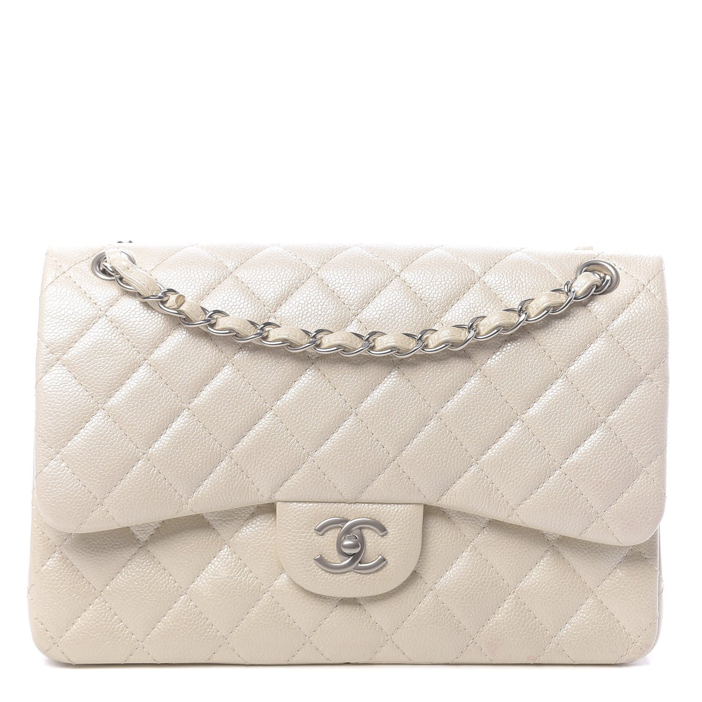 Pearly Caviar Quilted Jumbo Double Flap Dark White