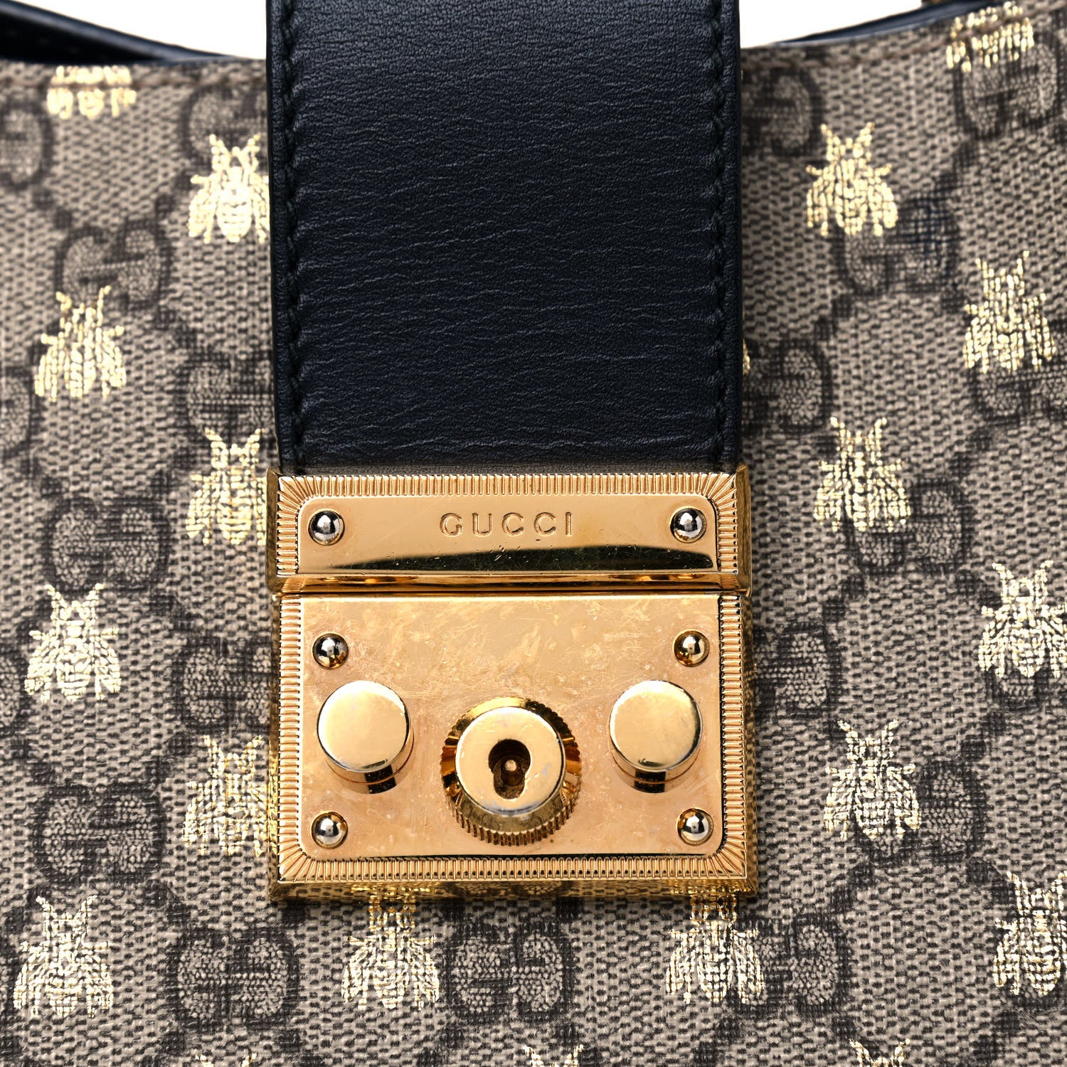 Gucci GG Supreme Monogram Bees Medium Padlock Tote Beige Oro Black 11 of 13
