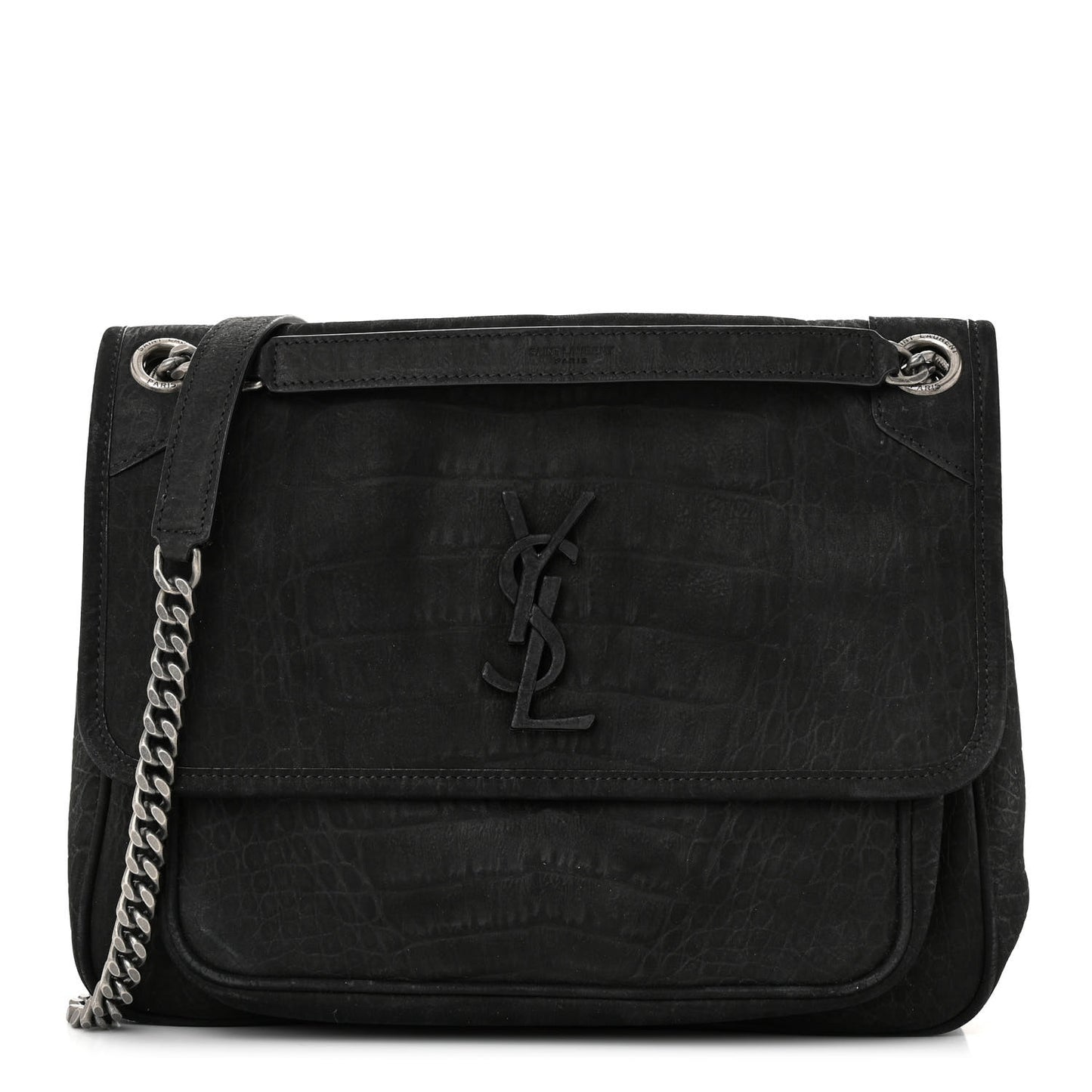 Nubuck Crocodile Embossed Monogram Medium Niki Chain Satchel Black