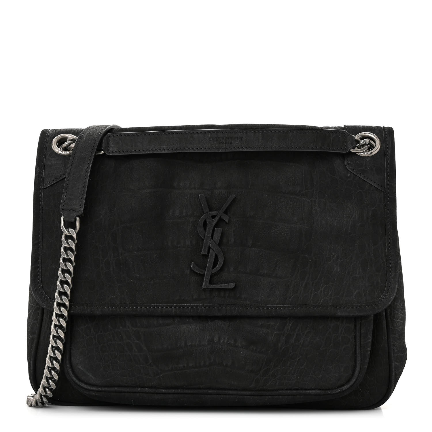 Saint Laurent Nubuck Crocodile Embossed Monogram Medium Niki Chain Satchel Black 1 of 10