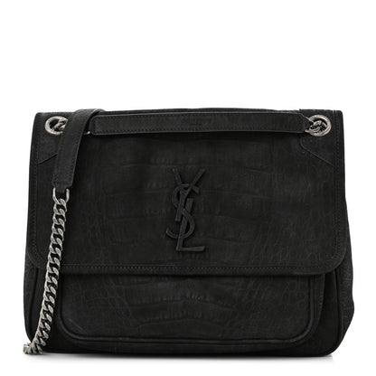 Saint Laurent Nubuck Crocodile Embossed Monogram Medium Niki Chain Satchel Black 1 of 10