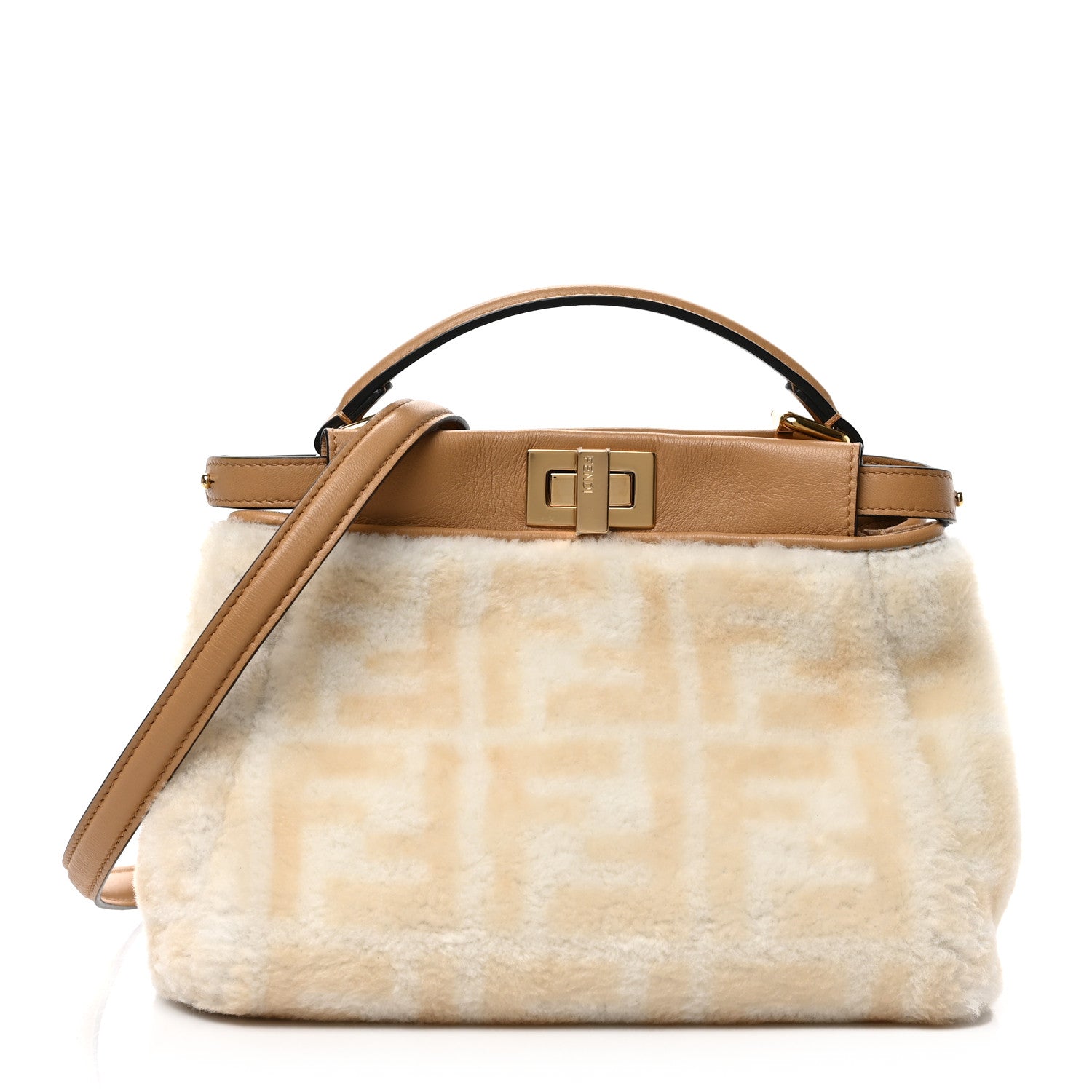 Fendi Shearling Nappa Macro FF 1974 Mini Peekaboo Iconic Satchel White Ice Cuoio Miele Scuro 1 of 8