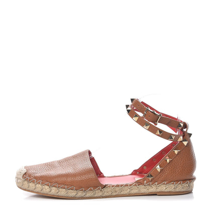 Valentino Garavani Grained Calfskin Rockstud Ankle Wrap Espadrille Flats 38 Cognac 1 of 20