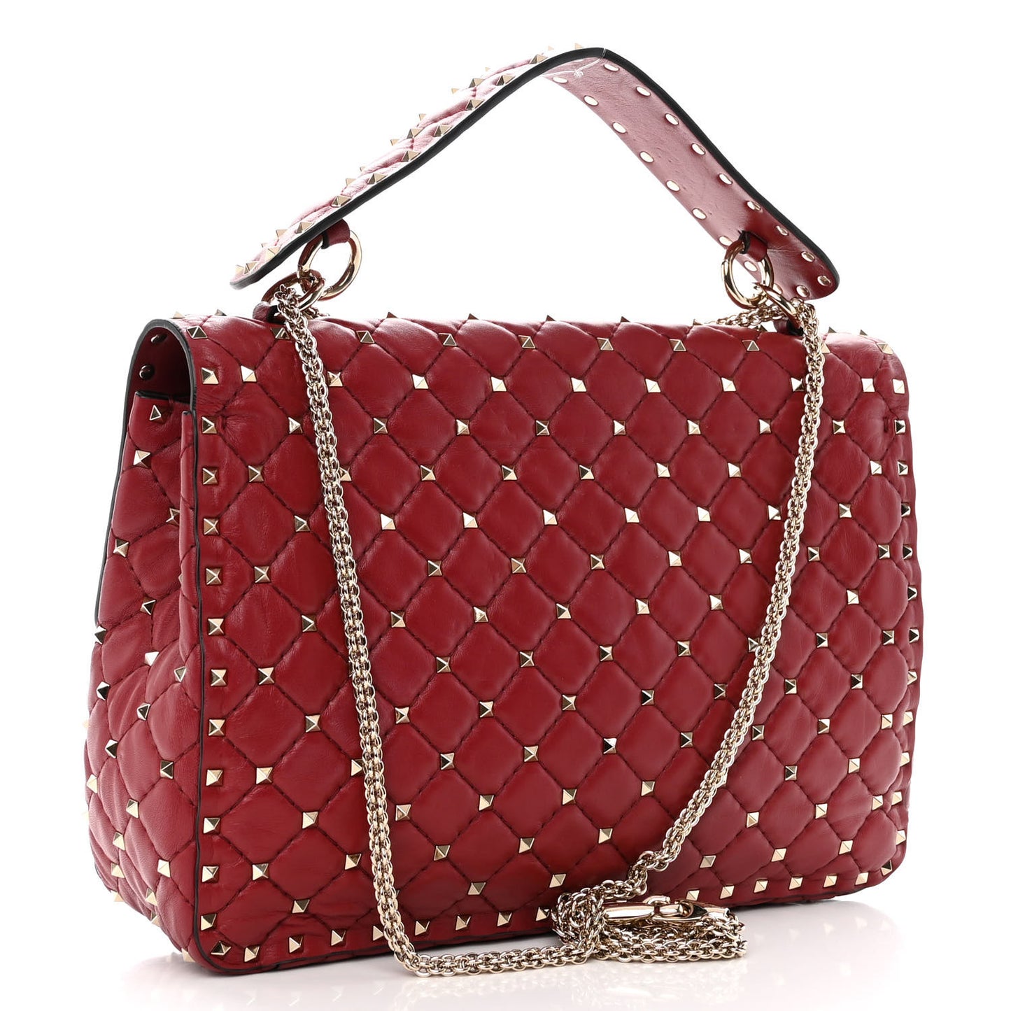Lambskin Large Rockstud Spike Shoulder Bag Red