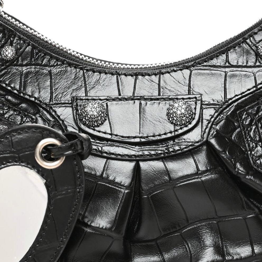 Extra Supple Calfskin Crystal Crocodile Embossed Le Cagole Shoulder Bag XS Black